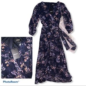 DKNY sheer floral quarter sleeve side tie dress